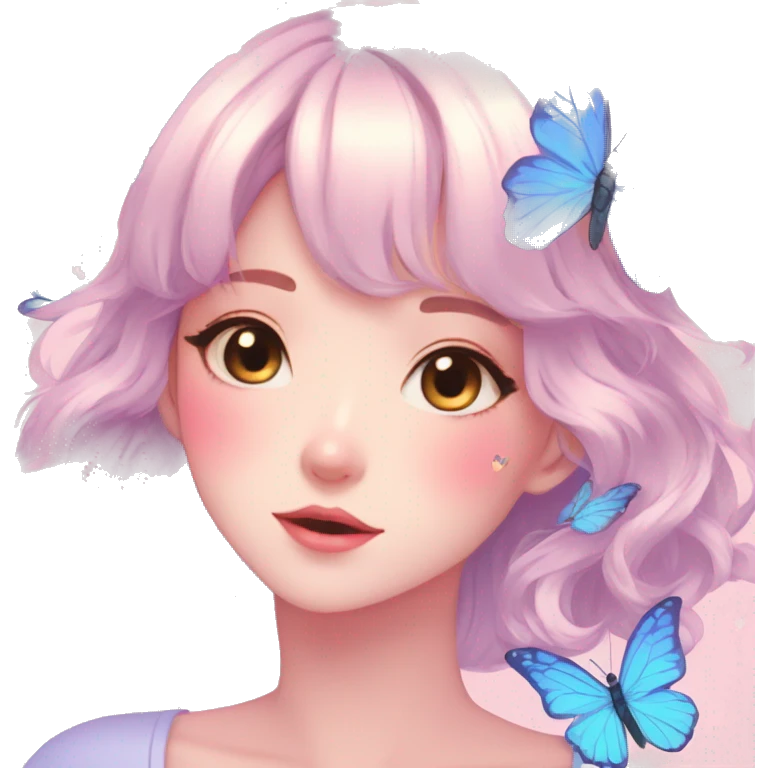 Gorgeous pastel anime style lady with blushing face and butterflies aesthetic trending style emoji