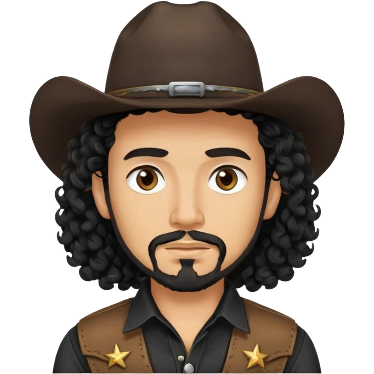 Cowboy with black long curly hair, brown eyes, tan skin and light black goatee black shirt emoji