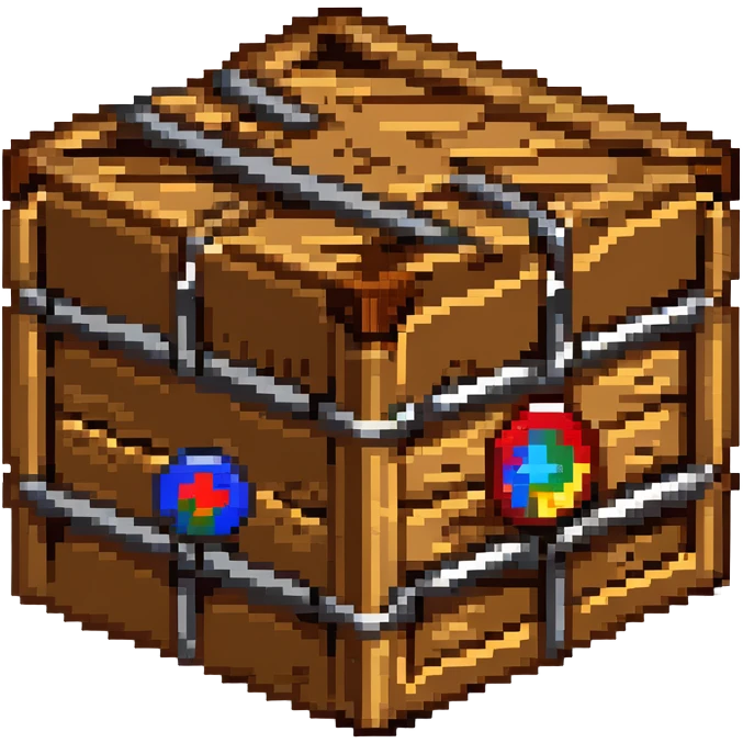 Wooden crate with metal reinforcements, color #c2410c with darker wood grain, visible wood grain texture, metal bands across the crate, slight 3D effect with shading, breakable appearance, small warning symbol, 32x32 pixels emoji