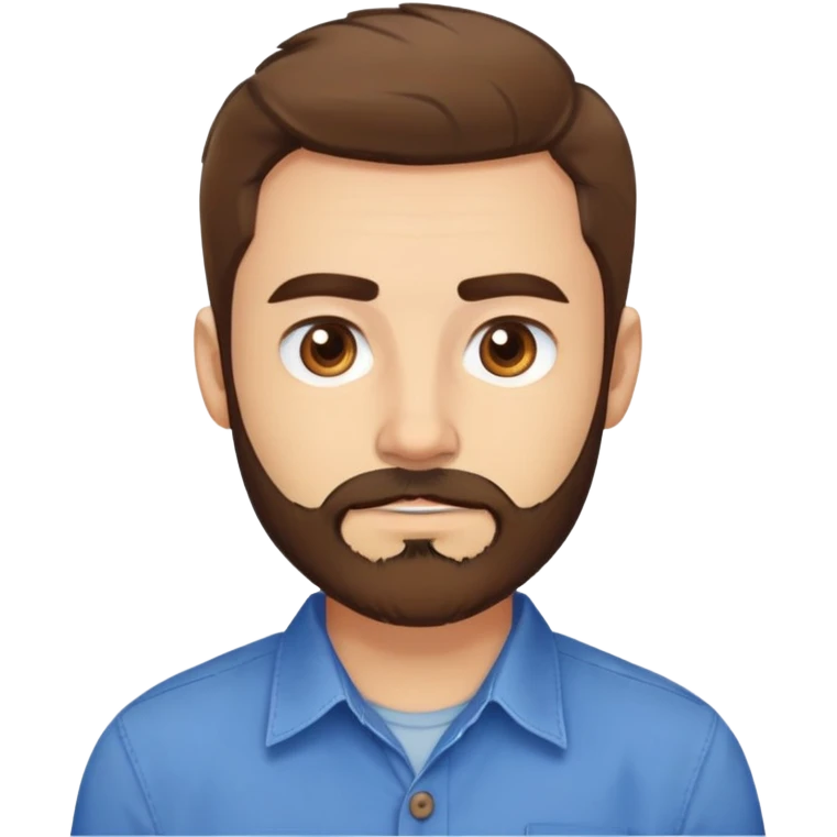 Head portrait of Puerto Rican actor René Monclova. Round face, wide jaw, light complexion. Expressive brown eyes, thick eyebrows. Short brown hair. Unkempt beard, medium length and brown. Friendly expression. Wearing a blue button-up shirt. emoji
