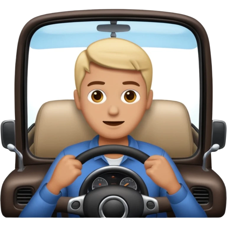 Crea un emoji con fondo transparente en PNG de una persona manejando un vehículo, que se vea desde el parabrisas frontal. emoji