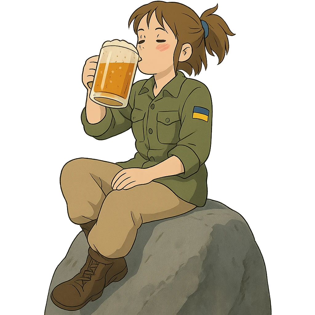 Azov-chan drinking beer while sitting on a big rock emoji