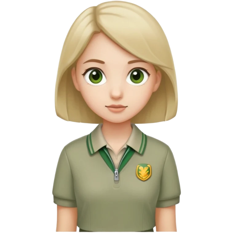 girl in a school uniform wearing a green polo, beige skirt, grey zipper jacket emoji