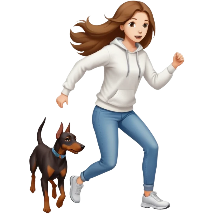 A beautiful girl with long hair wearing a white sweatshirt and jeans is running with a Doberman emoji