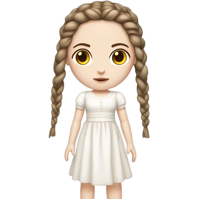 Doll with brown straight hair in braids, wearing a white dress and a serious expression. She has pale skin and a classic porcelain doll appearance, looking terrifying. emoji