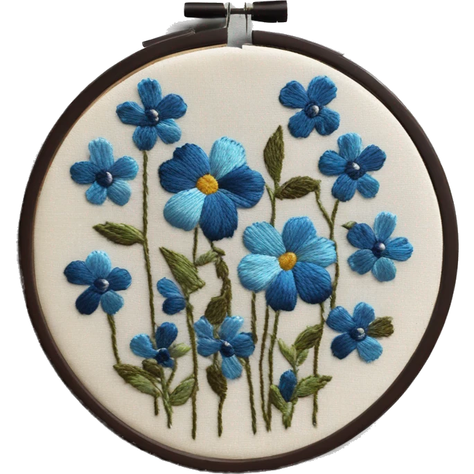 Vintage embroidery hoop with blue flowers embroidered and dark brown embroidery hoop border emoji