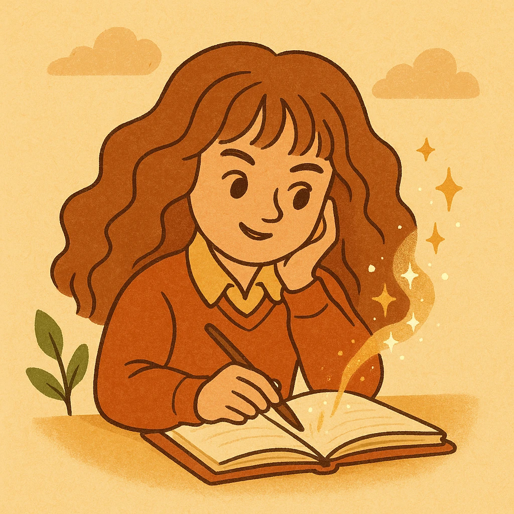 Hermione Granger writing in a notebook, cartoon style, warm colors, expressive face, magical atmosphere emoji