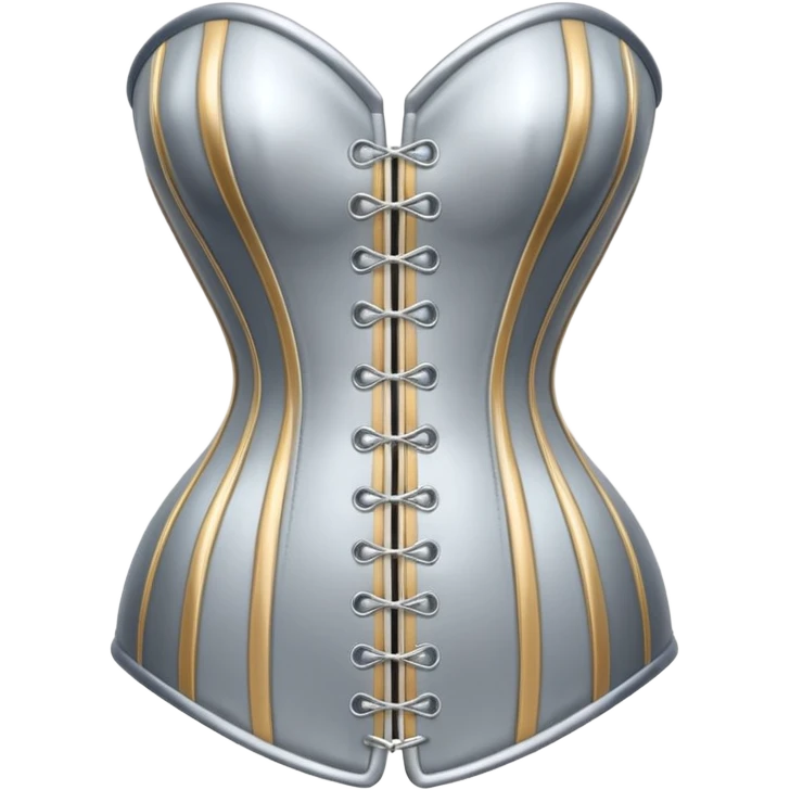 A luxury corset emoji made of silver chrome, smooth metallic curves, minimal fashion silhouette, glossy reflections, sensual high-end aesthetic, iOS emoji style, centered, clean white background emoji