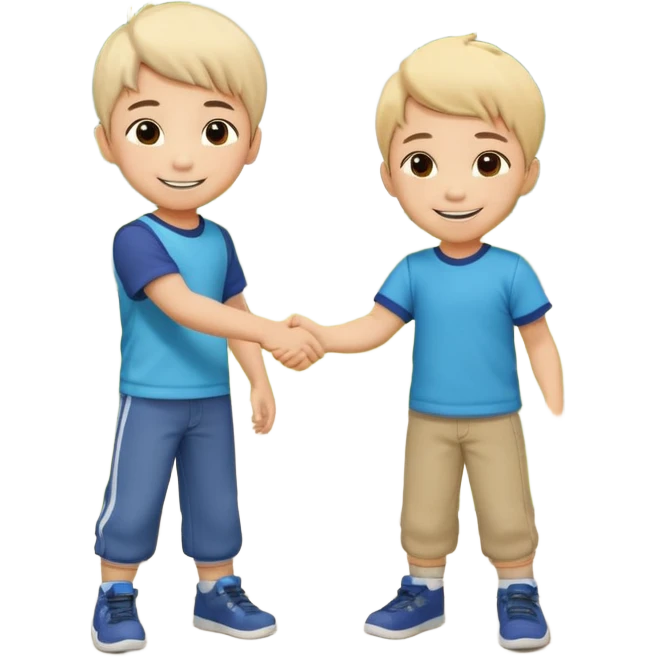 A cute 4-year-old Japanese boy with a big proud smile, shaking hands with another boy to make up after a fight, in a sunny park. Toys on the ground, both looking happy and relieved, warm friendship vibe, cartoonish style, vibrant colors, high detail. emoji