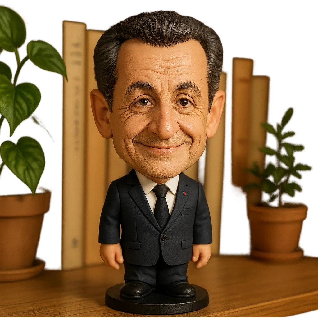 bobblehead style figure of Nicolas Sarkozy, French politician, suit and tie, oversized head, friendly expression emoji