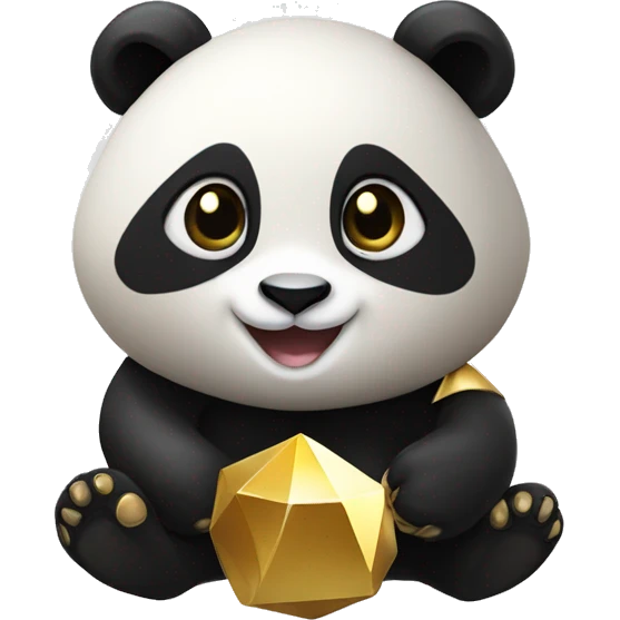 A cute panda with polyhedra logo on it smiling holding golddust emoji