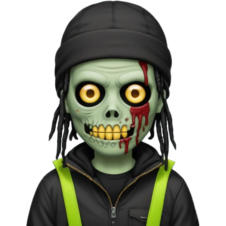 a zombie emoji with black dreads and a black carheartt jacket and black nike ski mask on his head emoji