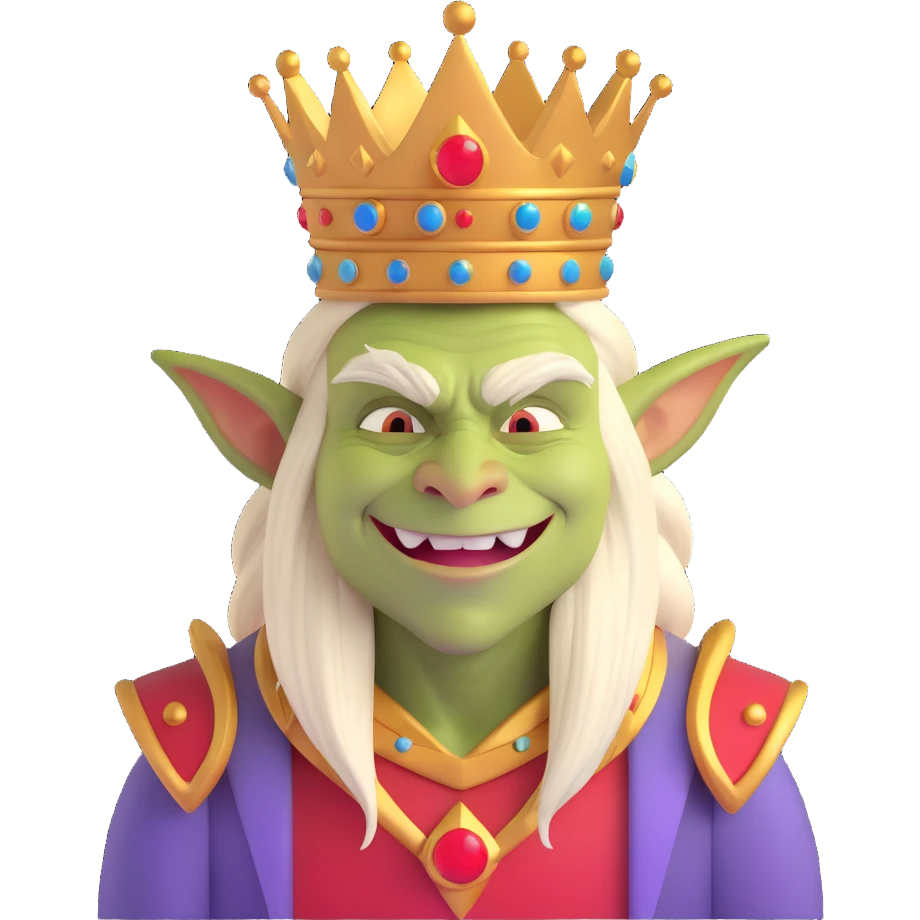 happy goblin king, beardless, wearing a crown, happy expression emoji