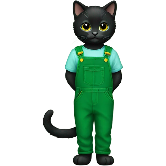 Black kitten wearing green corduroy overalls  emoji