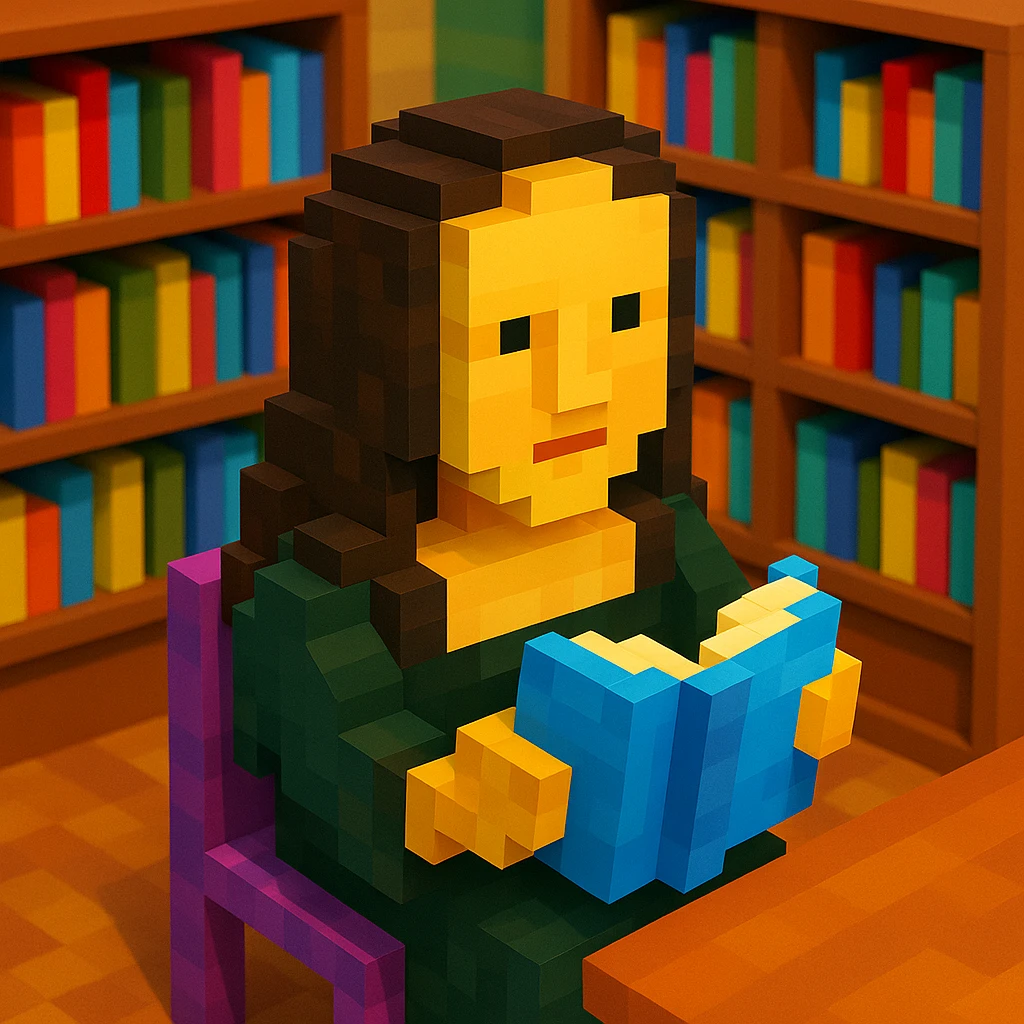 monalisa reading book in library, realistic background emoji