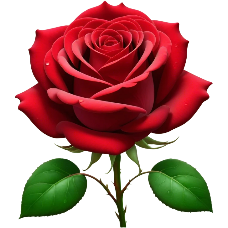 Cinematic Realistic Rose Emoji, Elegant and full of grace, with velvety, deep red petals unfurling in a perfect bloom, dew drops glistening on the soft edges, and a faint fragrance hanging in the air. The lush green leaves surround the stem, creating a vibrant contrast to the rich color of the petals. Soft glowing outline, capturing the essence of timeless beauty and romance in a single bloom. emoji
