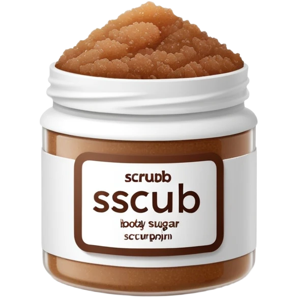 Dark brown sugar body scrub in a white jar with the inscription scrub emoji