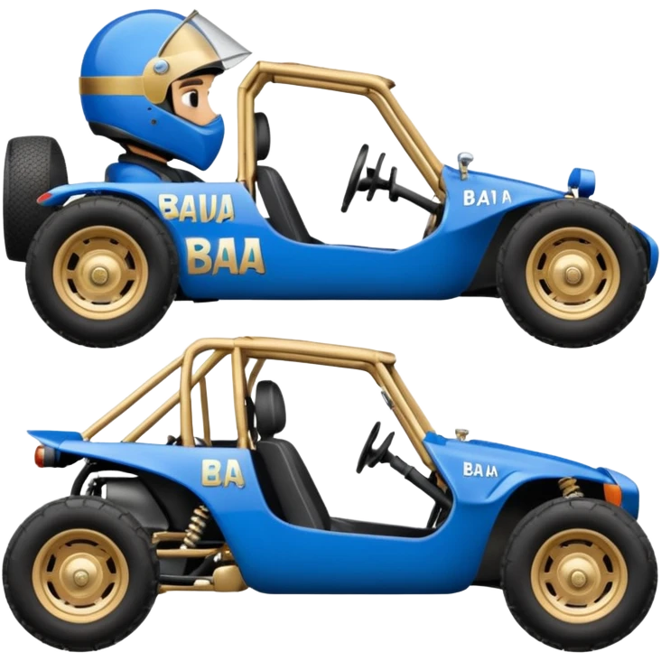 A small blue and gold dune buggy featuring a driver in a motorcycle helmet, with the word "BAJA" displayed on the side panel. emoji