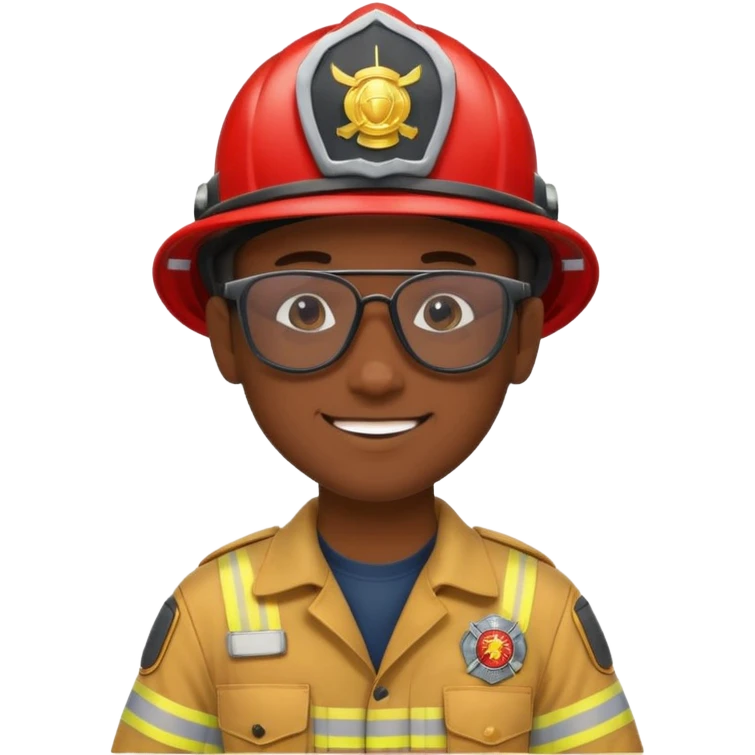 Young, male, dark skin, wearing sunglasses, firefighter uniform, happy emoji