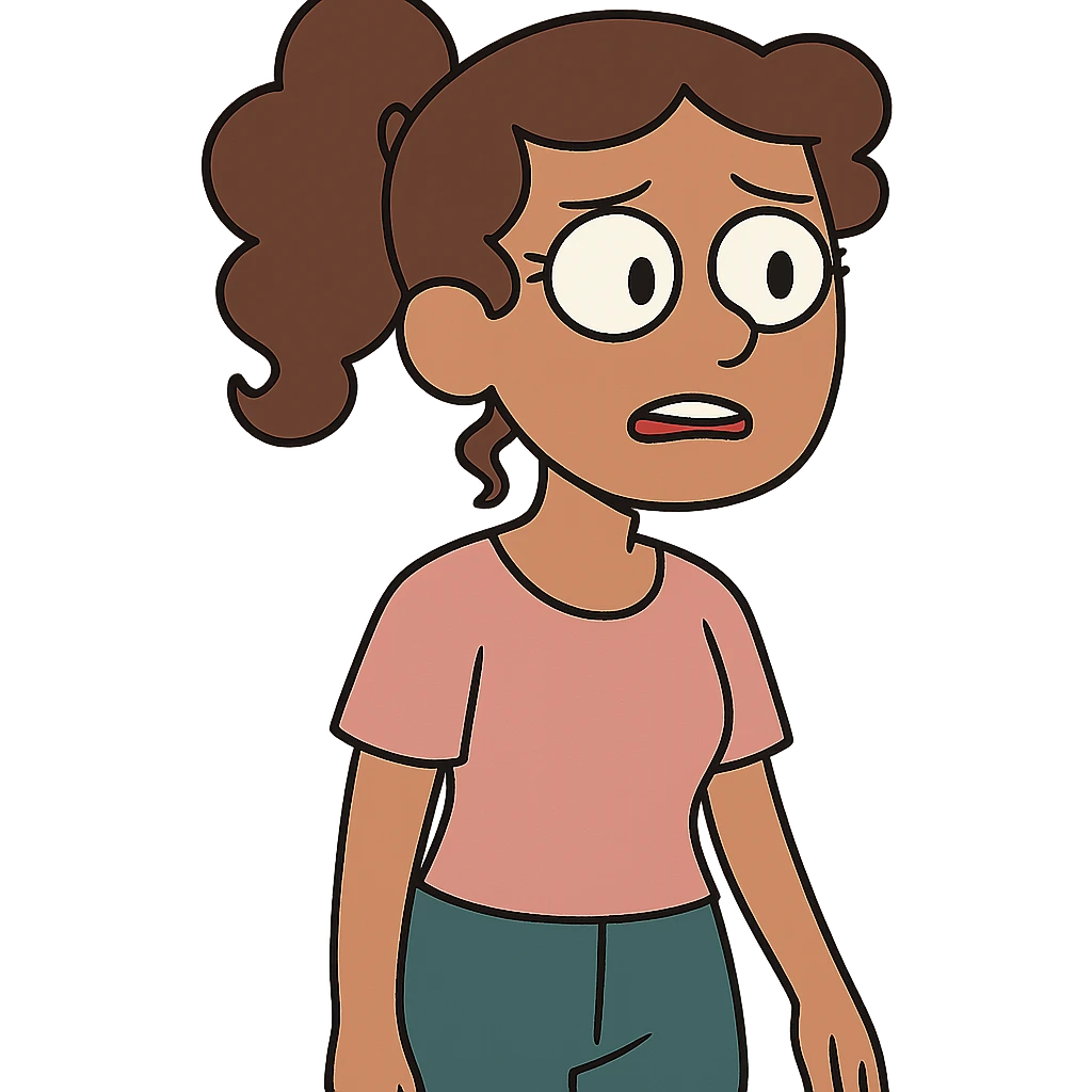 girl with brown curly hair in a ponytail, brown eyes, brown hair, flat toon style emoji