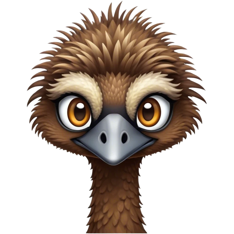 Cinematic Cute Emu Portrait Emoji, Head tilted playfully and inquisitively, featuring a glossy, textured brown plumage with a perky head and round, sparkling eyes full of curious wonder, Simplified yet irresistibly adorable features, highly detailed, glowing with a warm, friendly glow, high shine, affectionate and lively, stylized with a touch of outback whimsy, bright and endearing, soft glowing outline, capturing the essence of a mischievous yet loving emu, so playful it feels like it could gallop out of the screen into your arms! emoji