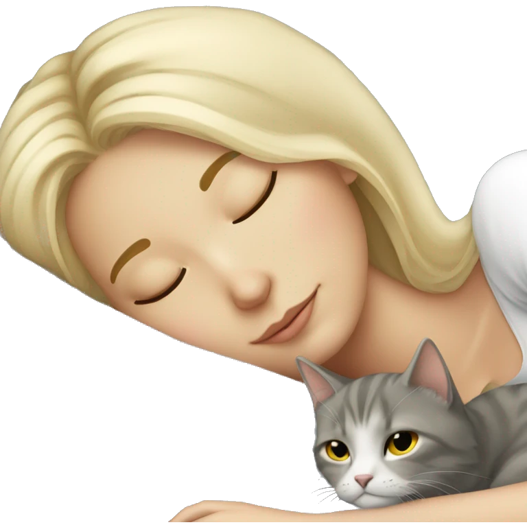 sleeping girl blonde hair laying next to grey cat emoji