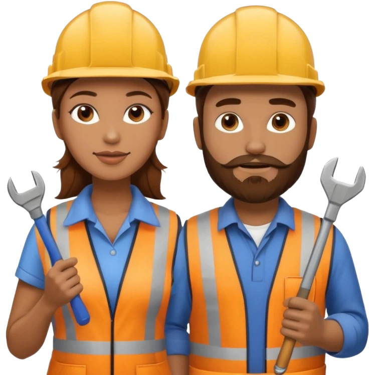 me haces una mujer pelo marron y un hombre con barba , que ambos esten vestidos como constructores de obra  emoji