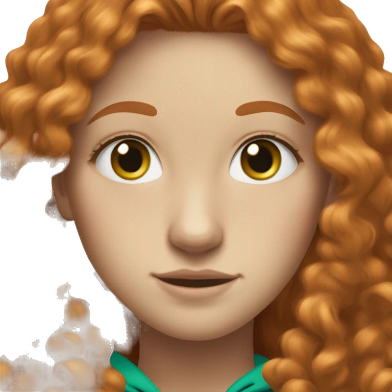 Redhead teenage girl with freckles and blue eyes. She’s wearing a green hoodie and she has long curly hair and blonde eye eyebrows. emoji