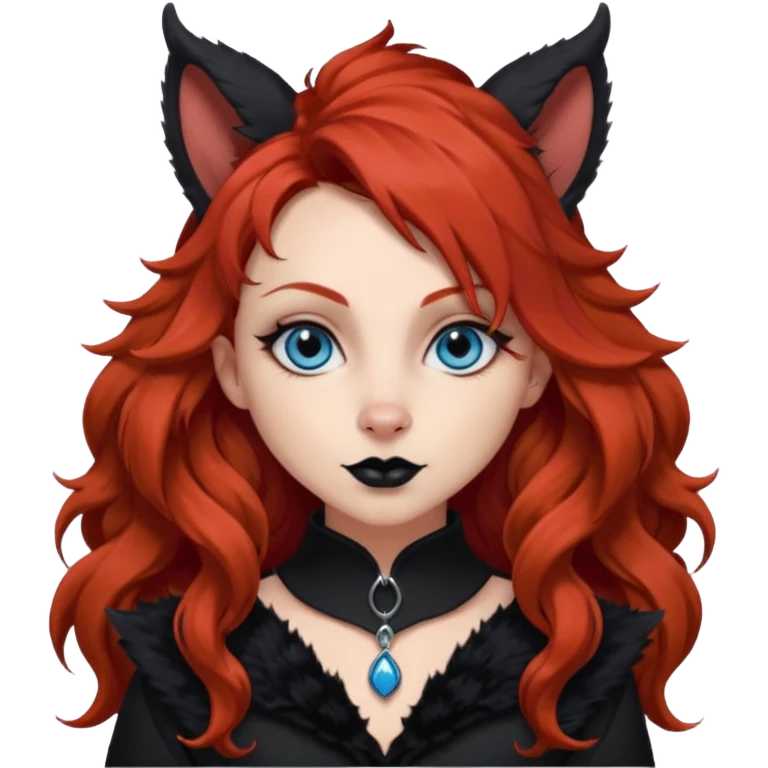  long curly red hair (darker), red pointed ears with black trim, black goth outfits, body and face human, blue eyes, more pointy chin, black lipstick, one big fluffy red squirrel tail with black tips, like the attached photo with more outfits and poses,  emoji