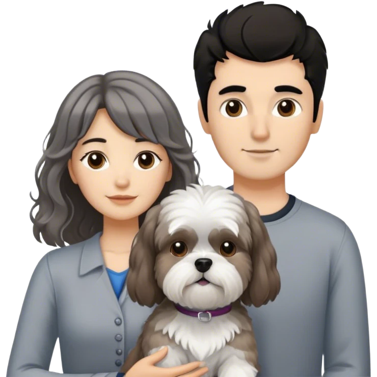 Quiero una pareja de 30 años con un perro shitzu blanco y gris. La chica con pelo rizado largo marron pero con el flequillo liso. El chico con el pelo corto, liso, negro y con un poco tupe , piel blanca y sin barba emoji