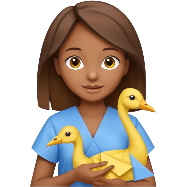 happy-african-young-girl-with-brown-hair-in-a-white-kanga-shirt-holds-an-origami-yellow-and-blue-crane emoji