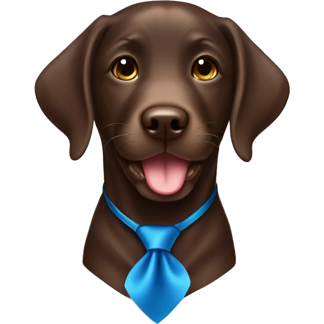 a chocolate labrador boy with a big smile and happy eyes wearing a blue tie  emoji
