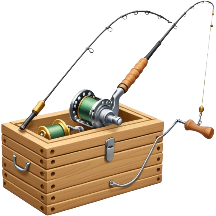 A fishing rod with reel and line neatly coiled beside a bait box. emoji