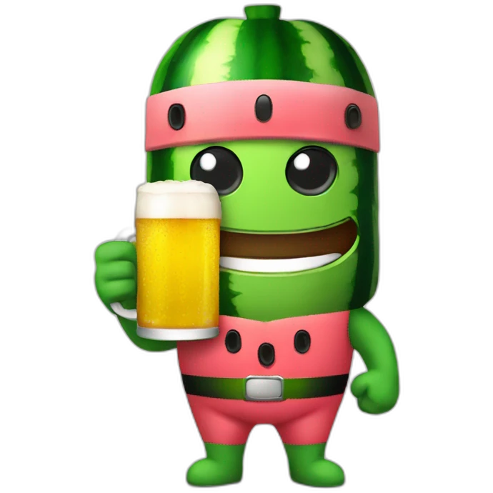 Watermelon superhero holding a beer emoji