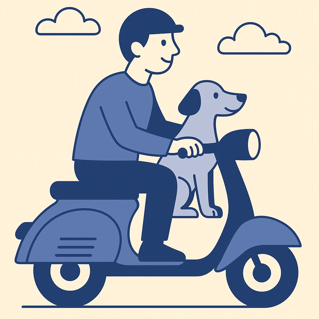 man and his pet dog riding a vespa emoji
