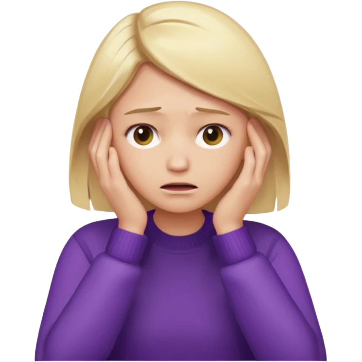 Emoji-style illustration of a frustrated young woman, smooth, shiny, perfectly styled blonde hair, wearing a purple sweater, holding her face in her hands, expressing annoyance and disappointment, cartoonish, expressive, simple lines, flat colors, clear silhouette emoji