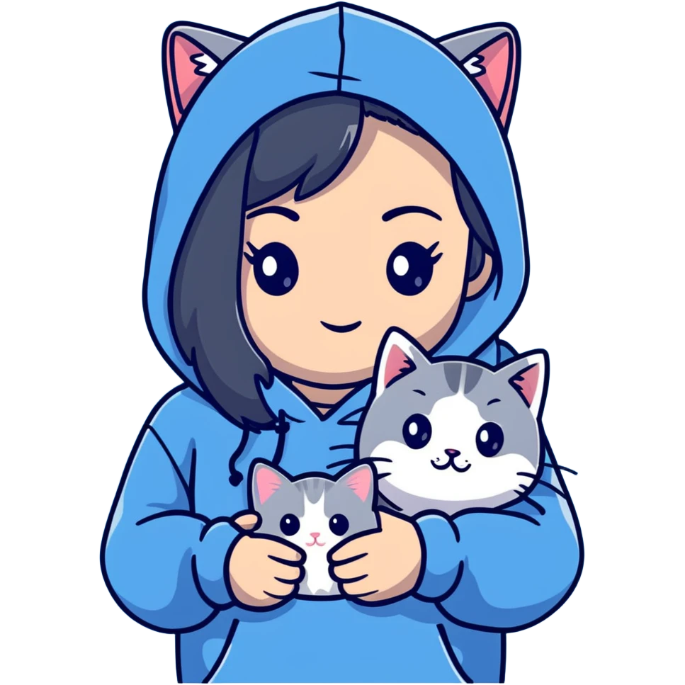Girl with black hair wearing gray hoodie with a British shorthair blue and white cat and a long-haired blue and white cat emoji