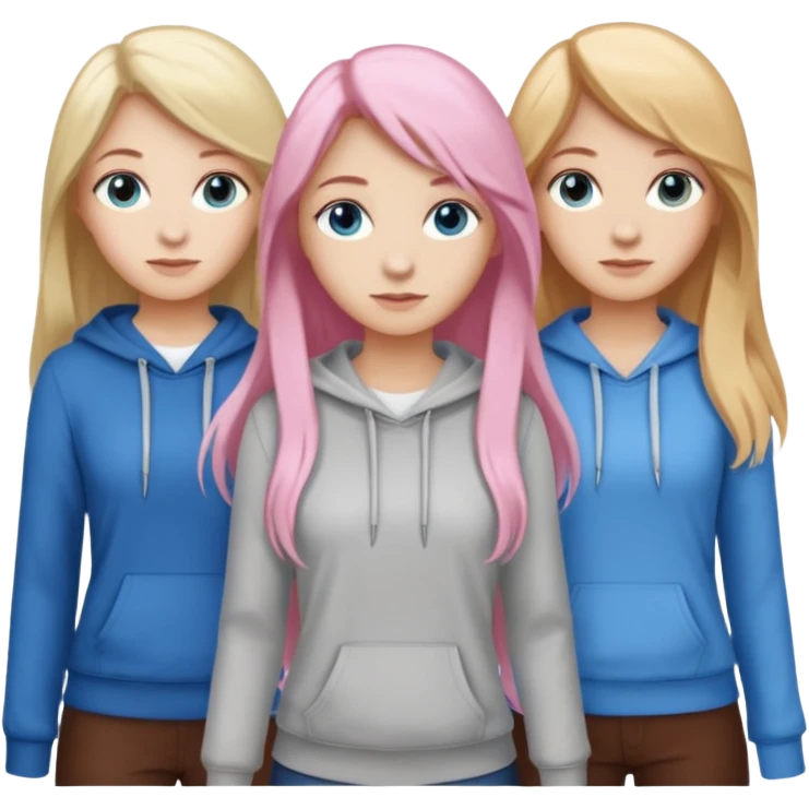 Girlfriend emoji - include 1 white girl with long light pink hair and blue eyes, 1 white girl with brown eyes and medium honey blonde hair, 1 white girl with blue eyes and light blonde hair, and 2 white girls with brown eyes and long dark brown hair emoji