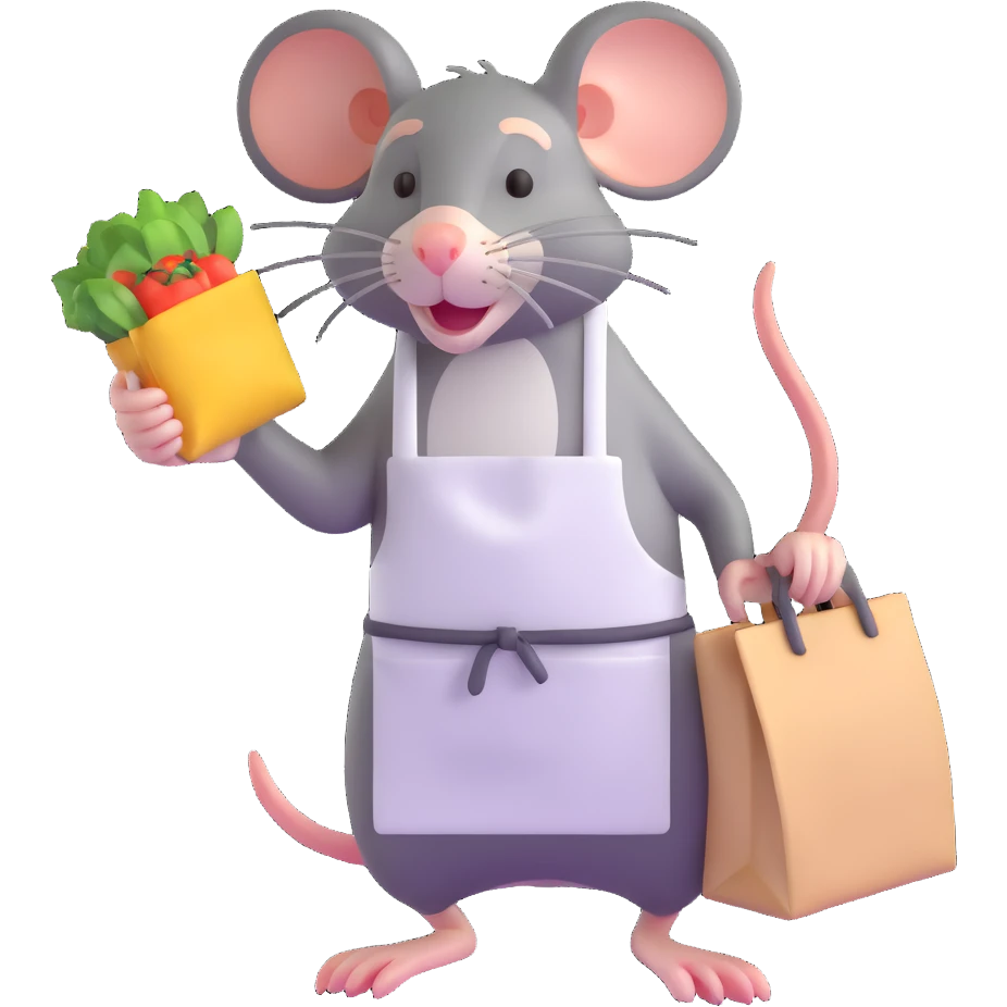 tired rat wearing apron bagging groceries emoji