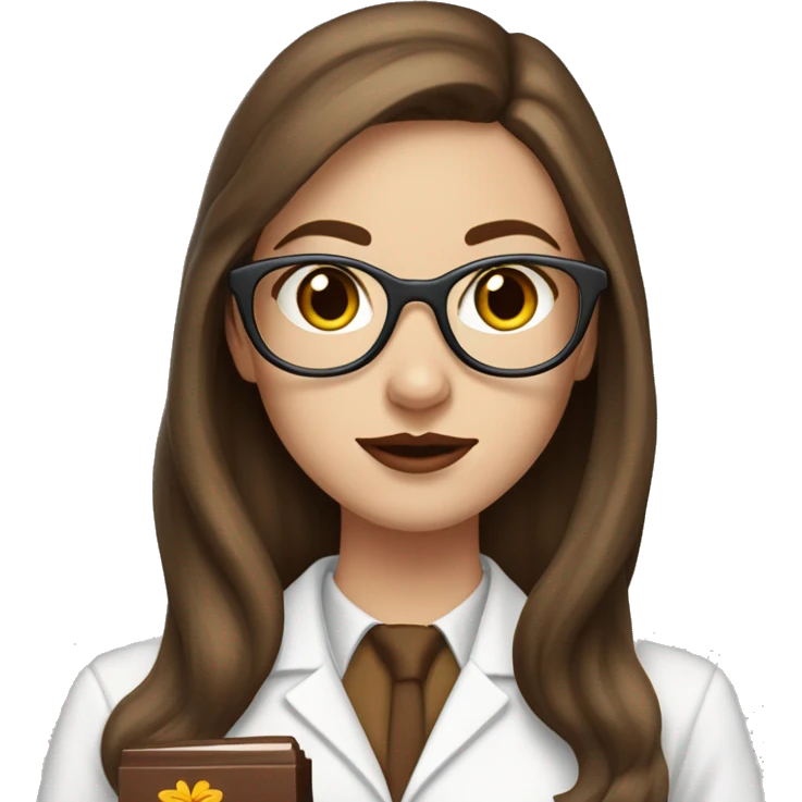 White girl with chocolate long hair in butterfly cut, wearing a scientist uniform and using glasses, with brown/red lipstick  emoji
