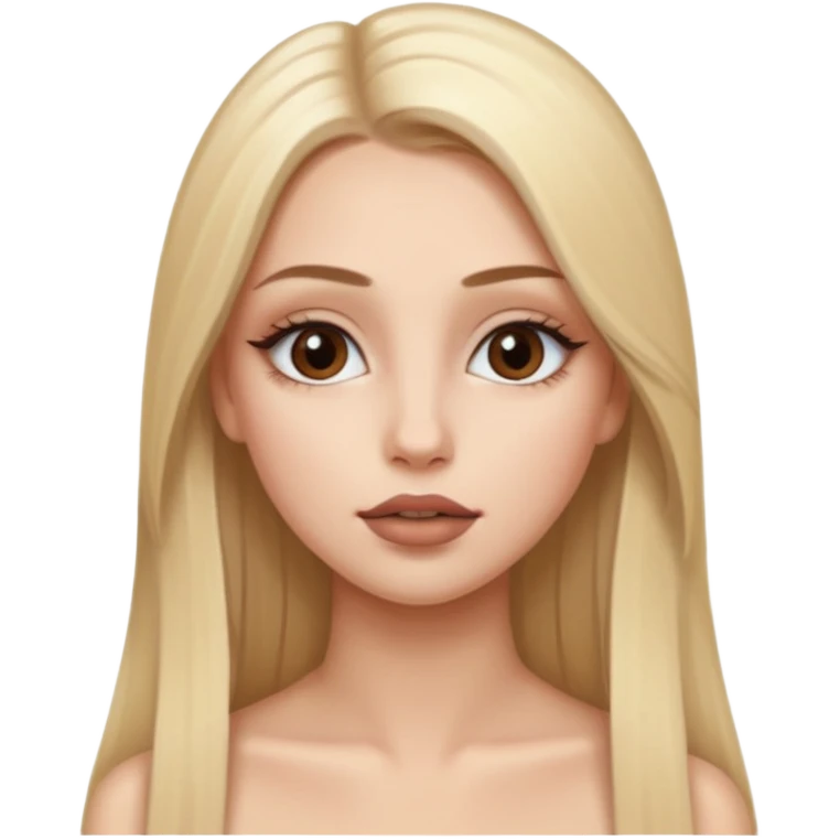 una chica con pose divertida de 18 años con los labios con pintalabios nude y los ojos maquillados, de piel blanca con el pelo liso, largo y rubio, ojos marrones GUAPA emoji