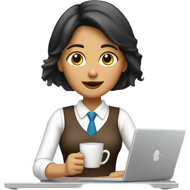 mujer morena con un café trabajando en una computadora  emoji