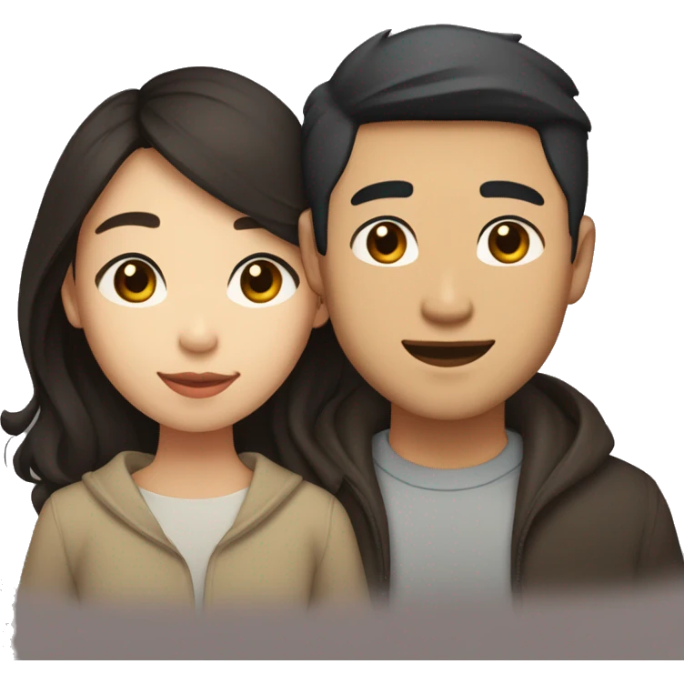 A half pale Asian man with short dark hair and amber eyes embracing and loving a half Asian woman with long wavy dark hair and dark hazel eyes. They love each other a lot And have good fashion taste. emoji