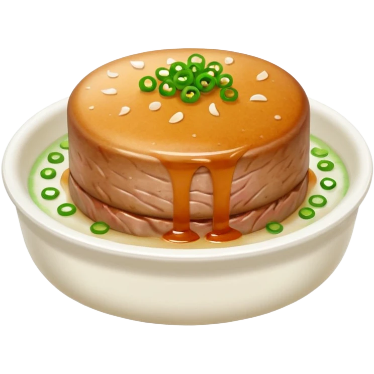 Emoji of a Chinese steamed pork patty in a small dish, topped with chopped scallions and steam rising, soft texture, minimal style. emoji