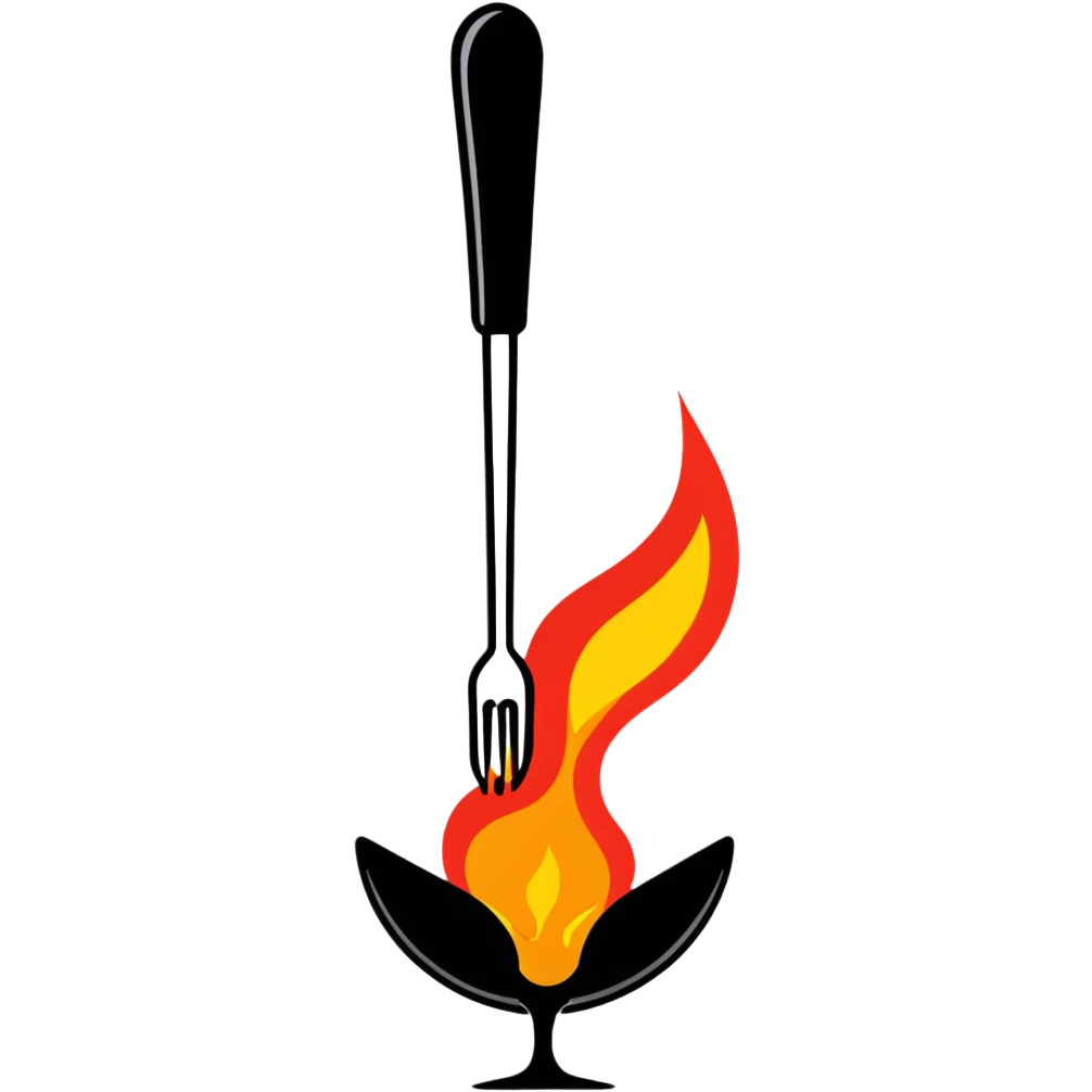 burning spoon fork and knife crossed together, kitchen utensils on fire with flames emoji