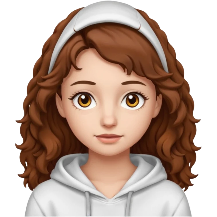 Una ragazza con una felpa semplice bianca,ha gli occhi marroni,i capelli marroni  , c’è gli ha lunghi e ricci ma non troppo e ha le ciglia stile emoji apple emoji