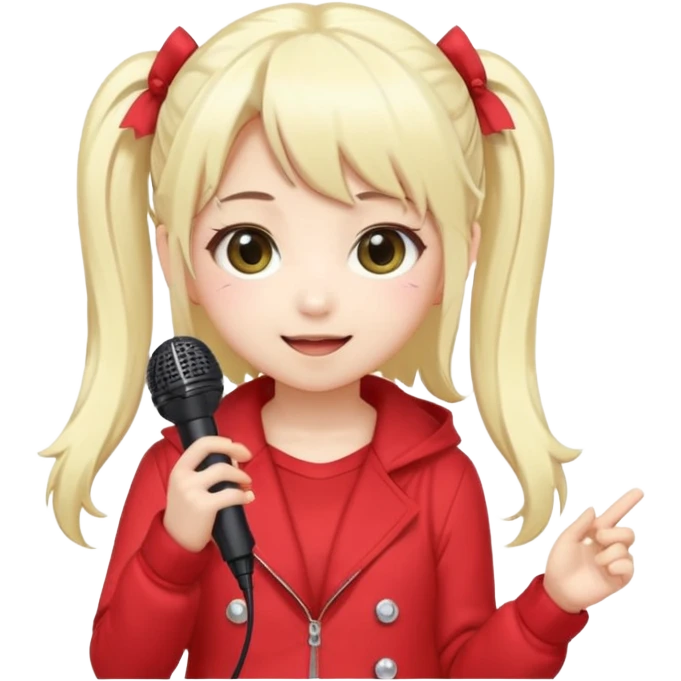 Cute kawaii emoji-style Japanese K-pop singer girl, long platinum blonde hair in twin tails, red outfit, holding a microphone, Japanese K-pop idol vibes, big sparkling eyes, chibi proportions, clean lineart, pastel colors, cheerful idol smile, sticker/emoji style, transparent background emoji