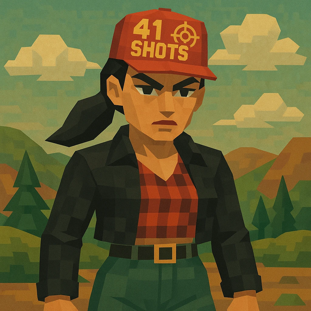 low-poly style female figure with prominent eyebrows, angular face, serious confident expression, red cap with '41 SHOTS' logo and target sight, black hair in ponytail, black cropped jacket, red-black checkered shirt, high-waisted pants with black belt, background of stylized hills and clouds, earthy palette focusing on red and green, expression determined, rebellious emoji
