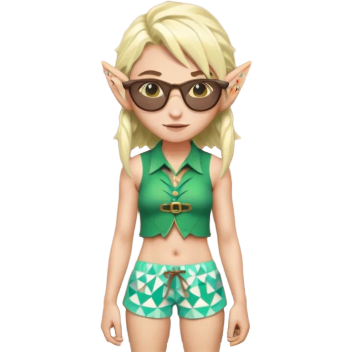 elf female legolas portrait, patterned board shorts (geometric/abstract), unique wooden-framed sunglasses, undercut hairstyle, slight smirk, visible pointy ears, no background, centered emoji, hipster summer vibe emoji