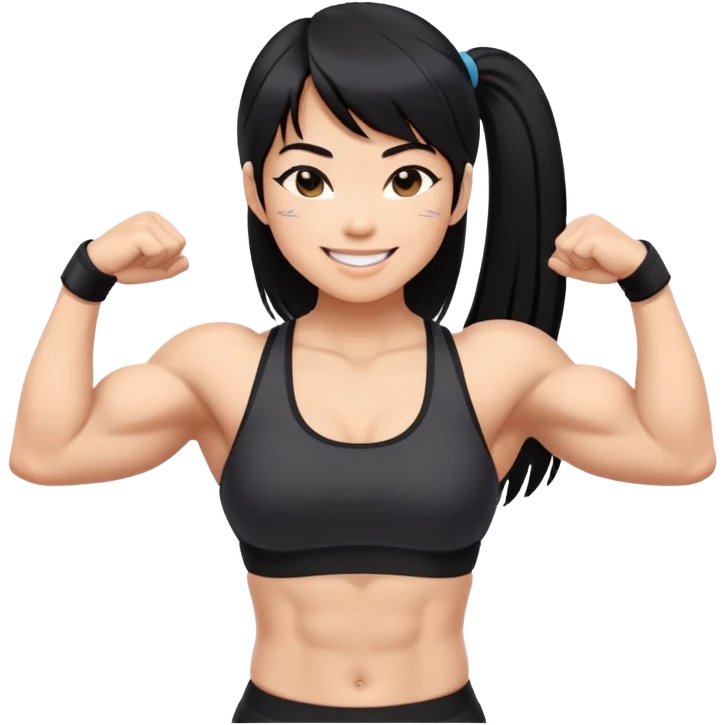 Asian women with muscle on thick strong 2 arms and abs. Black hair, long straight, bangs, light skin, flirty smiles, black sports bra emoji